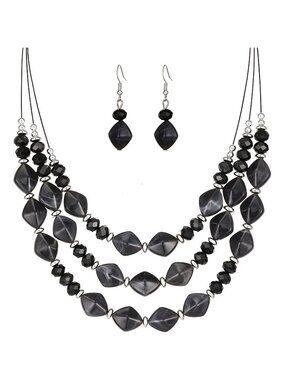 3 Layered Chunky Statement Necklace for Women Beaded Strand Necklace Earrings
